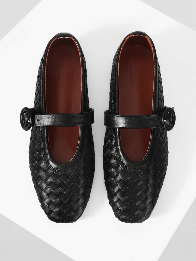 WOMEN'S ELEGANT COMMUTING VERSATILE BLACK WOVEN ADJUSTABLE BUCKLE FLAT SHOES
