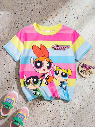 THE POWERPUFF GIRLS X SHEIN GraphicGems Áo thun ngắn tay cổ tròn phối màu cầu vồng sọc tương phản dành cho bé gái, thích hợp mặc mùa hè.
