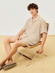 LUVLETTE Men's Linen Summer Minimalist Cozy Beige Pajama Set Short-Sleeve Button Top & Shorts Sleek Comfortable Lounge Wear - Khaki - View 10