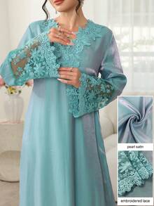 Vestido Maxi Najma con Cuello en V, Bordado Floral, Manga Larga, Patchwork y Bajo con Volantes, Estilo Tradicional Turco y Árabe - azul claro - Ver 5
