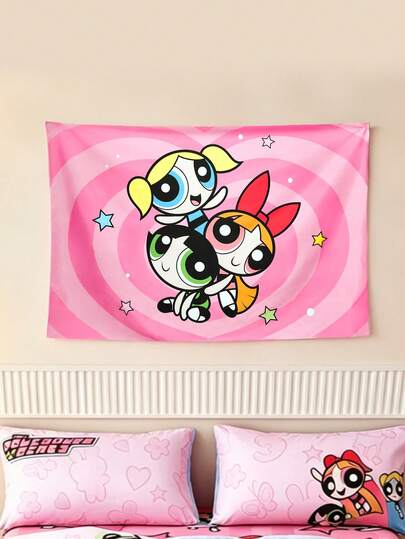 THE POWERPUFF GIRLS X SHEIN 1Pc Girl Star Printed Tapestry, Free Hook Accessories, Holiday Party Tapestry, Decorative Wall, Machine Washable