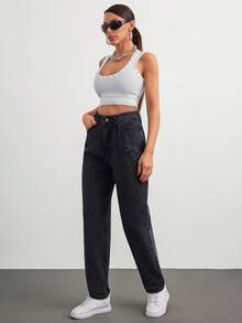 Casual Low Waist 90's Baby Blue Denim Wide Leg Jean - Black - View 3