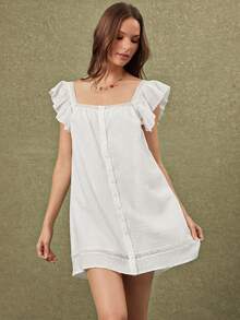 WESTFADE Lace Square Neck Button Front Ruffle Sleeve Babydoll Mini Dress - White - View 6