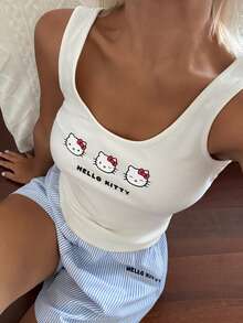 HELLO KITTY | DAZY 女款卡通印花裝飾細肩帶背心與條紋短褲睡衣套裝，夏季 - 白色 - 查看 1