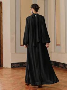 Anewsta Women's Solid Color Turtleneck Elegant Long Sleeve Dress - Black - View 2