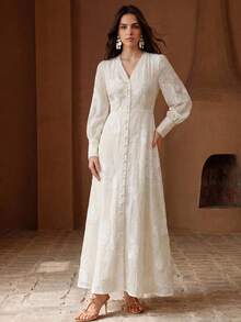 Anewsta Women's Elegant Romantic Heavy Lace Embroidered Trim V-Neck Fashionable Long Dress, Suitable For Formal, Fashionable, Going Out, Party - Apricot - View 6