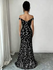 SHEIN Elenzya 女士优雅网纱亮片露肩修身美人鱼连衣裙 - 黑色 - 查看 2