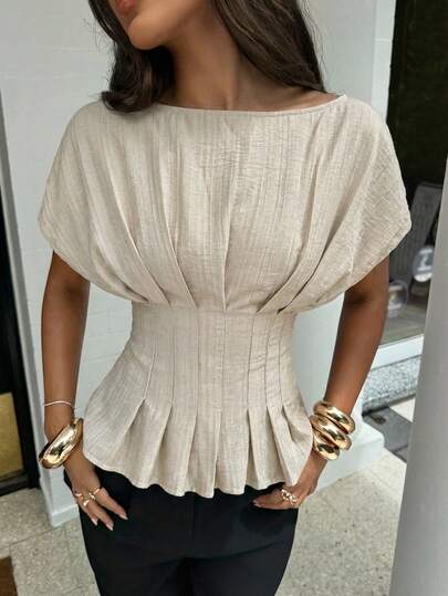 Aloruh Women's Elegant Commuter Round Neck Pullover Casual Striped Short Sleeve Shirt