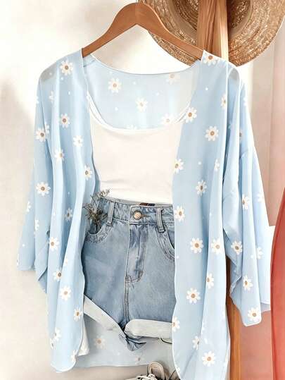 GlowEve Khăn choàng voan họa tiết hoa nhí, áo khoác cardigan mỏng nhẹ mùa hè.