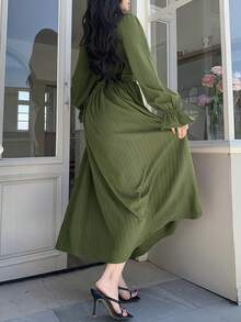 Feyla Women's Solid Color Minimalist Long Sleeve Dress, Casual Everyday Wear - Army Green - View 6