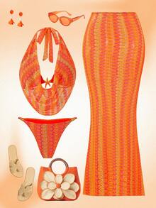 Bonvoyette Ținută de plajă pentru femei, material tricotat texturat, design cu decolteu drapat în V adânc, decor metalic, fustă maxi bodycon, elegantă, casual, sexy, de resort, set de costume de baie din 3 piese pentru femei - Portocale - Vizualizare 6