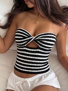 条纹扭结镂空抹胸上衣，性感夏季度假针织吊带背心（女士款） - 黑色 - 查看 4