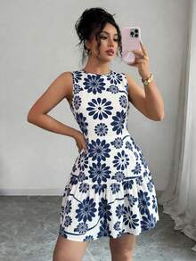 SHEIN Elenzya Đầm ngắn không tay kiểu Bohemian thanh lịch với họa tiết hoa, có thắt lưng, thích hợp cho mùa tốt nghiệp, lễ hội và mặc mùa hè, xuân/hè. - Xanh và trắng - Xem 3