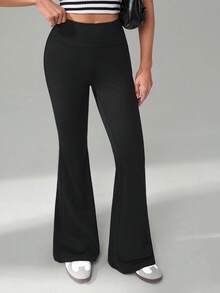 SHEIN Tall CURVE 大码女装秋冬返校休闲家居服瑜伽舒适户外纯黑色针织弹力腰高腰口袋喇叭裤，带口袋打底裤 - 黑色 - 查看 4
