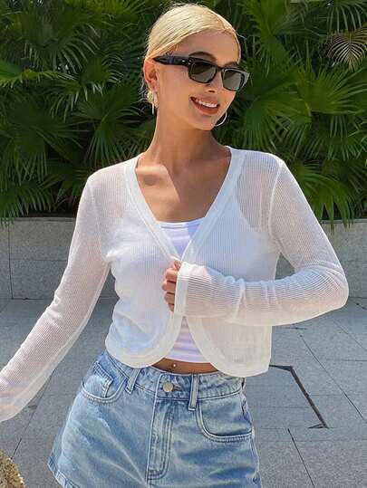 Livesso Women's Solid Color Cropped Long Sleeve Casual Lightweight Cardigan For Summer
