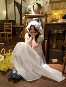 DAZY 女士清新休闲短袖连衣裙，夏季 - 白色 - 查看 6