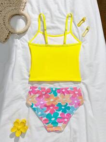 SHEIN Tween Girl Solid Color Camisole Tankini Top And Floral Print Triangle Bikini Bottom 2-Piece Swimwear Set, Suitable For Summer Vacation - Yellow - View 2