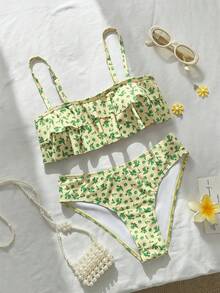 Swim Mod 花卉飾邊可愛熱帶甜美復古休閒海灘度假女性泳裝套裝 淡黃色夏季 - 綠色 - 查看 3