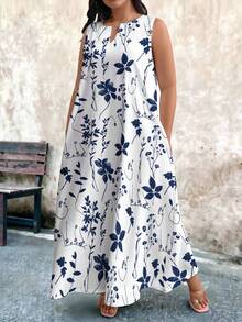 EMERY ROSE Plus Size Women's Sleeveless Fashion Dress With V-Neck And Botanical Print Design - Multicolor - View 1