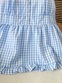 SHEIN Tween Girls Blue Plaid Camisole, Elegant Solid Color Ruffle Trim Camisole, Suitable For Summer, Vacation, Casual, Home, - Blue and White - View 6