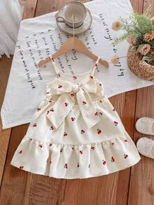 LMoss Kids Baby Girl Cherry Print Backless Bow Decor Fashionable Versatile Camisole Dress - Apricot - View 3