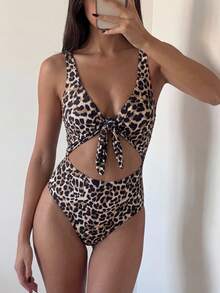 SHEIN Swim Newest Multi-Color Leopard Print Chest Tie Up Sexy Fitted One-Piece Bikini Swimsuit For Summer Beach Vacation - Multicolor - View 3