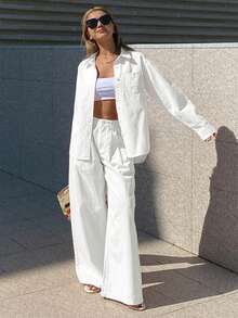 DAZY Women's Collared Loose Shirt And Straight-Leg Pants Casual Suit, Pink, Elegant And Youthful - White - View 3