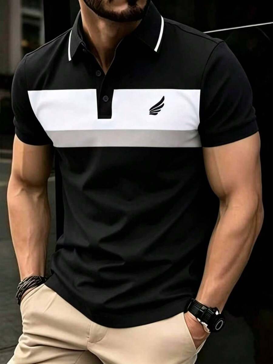 Manfinity Mode 男士休闲通勤撞色Polo衫 - 黑色 - 查看 1