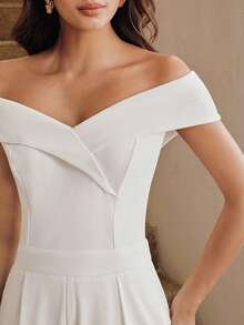 Anewsta Bộ jumpsuit nữ xếp ly có túi, trễ vai, thời trang cho mùa xuân và mùa hè. - trắng - Xem 1