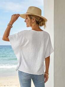 Faunlyn Blusa de manga murciélago con botón delantero unicolor - Blanco - Ver 2