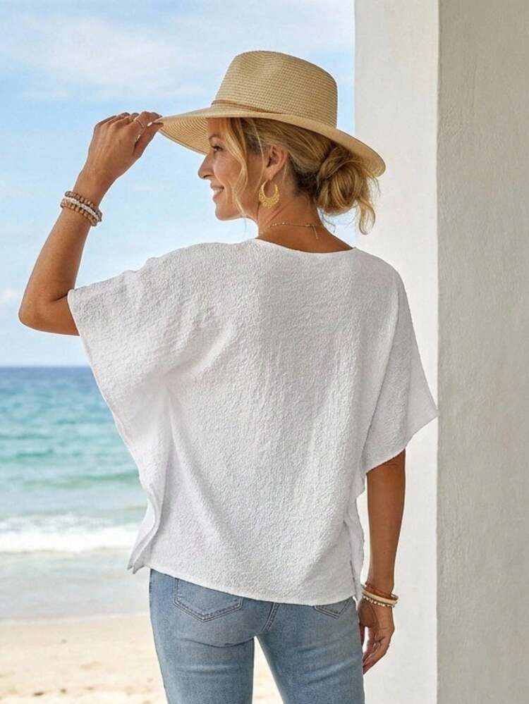 Batwing Sleeve Button Front Solid Blouse