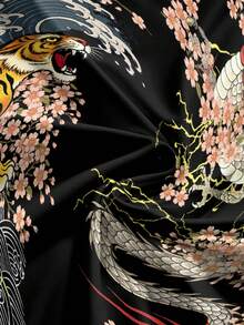 ROMWE Avant 1pc Dark Punk Music Festival High Slit Tiger & Dragon Print Chic Summer Vacation New Chinese Style Skirt For Women - Black - View 5