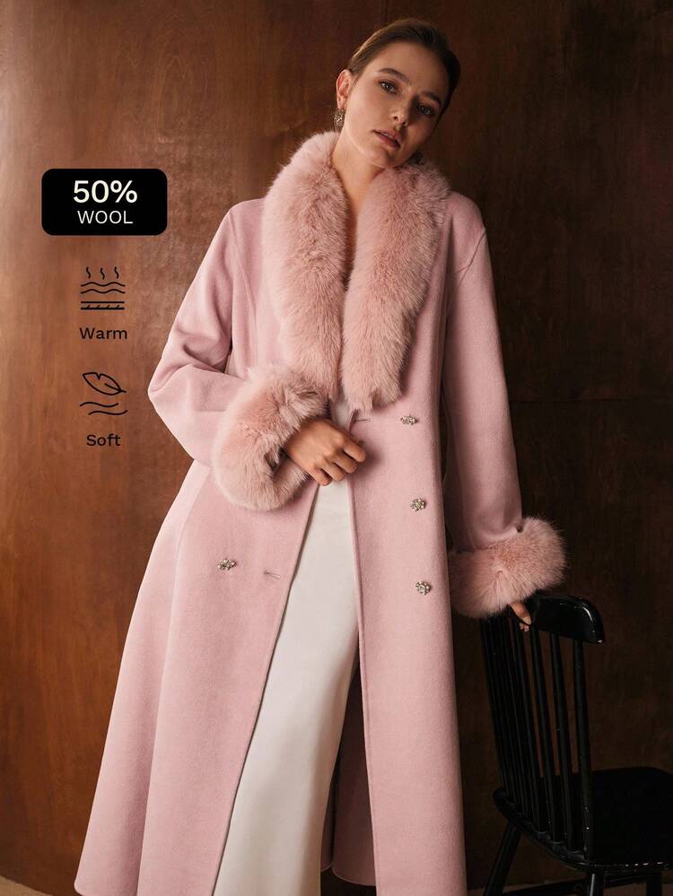 WOOL COLLAR CINCHED WAIST FITTED MID-LENGTH BELTED OVERCOAT, AUTUMN/WINTER