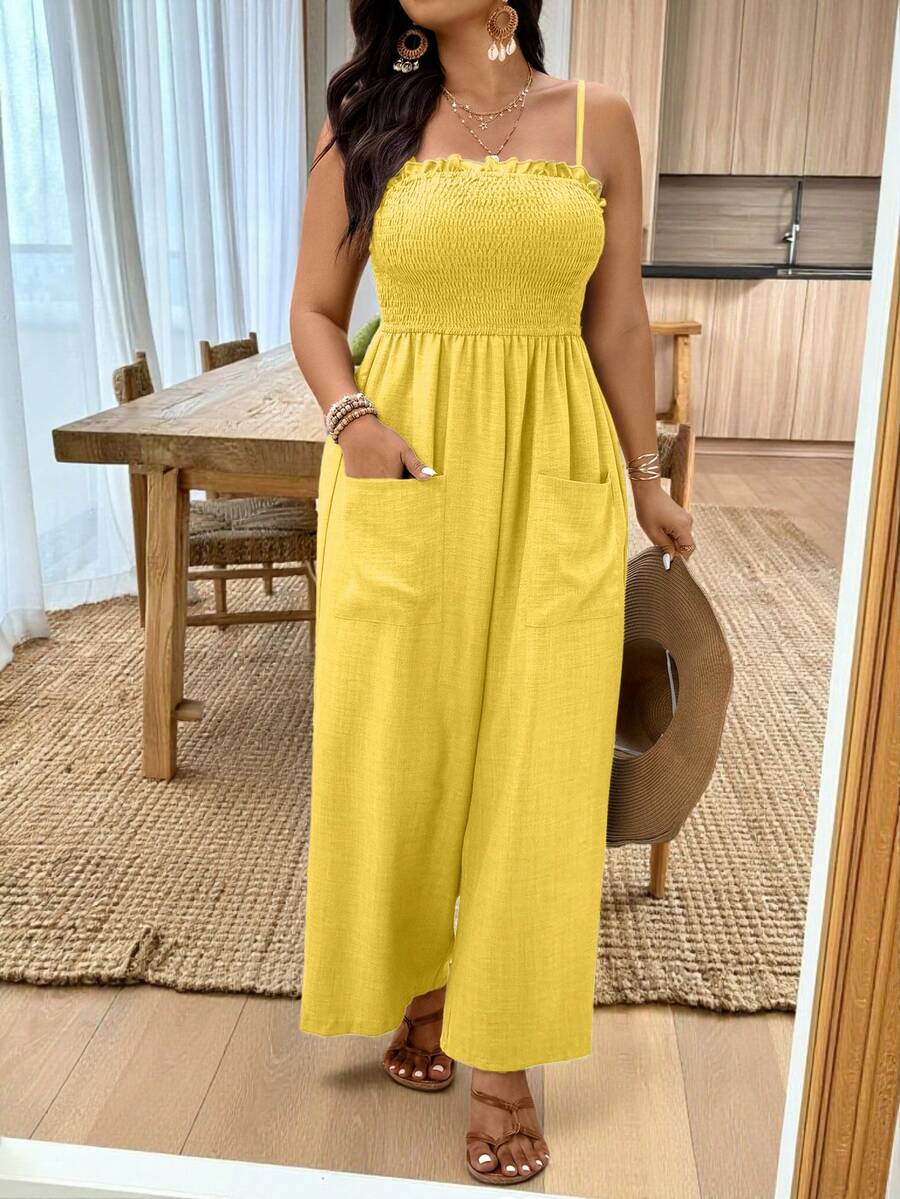 Weeklong Textured Fabric Jumpsuit With Spaghetti Straps - Yellow - View 1
