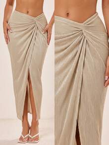 SHEIN SXY Summer Solid Ruched Front Split Thigh Skirt - Khaki - View 3