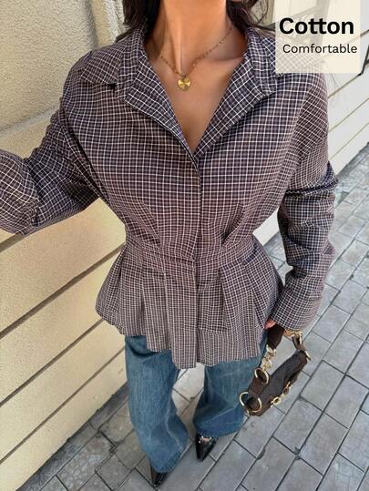 Siren Gaze 女士棕色格子收腰衬衫，秋冬季