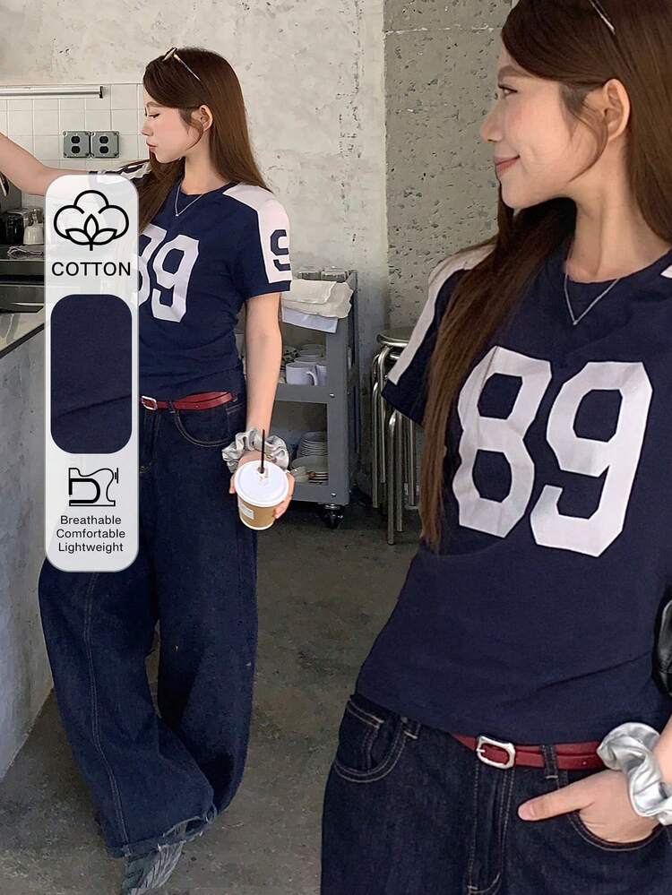 Women's Summer Round Neck Contrast Color Patchwork Letter Print Slim Fit Casual Pullover T-Shirt Graphic Tees Women