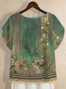 EMERY ROSE 大尺碼復古波希米亞風花卉不對稱荷葉邊短袖上衣，復古綠色花卉幾何印花襯衫，花瓣袖設計，度假海灘休閒夏季女裝 - 彩色 - 查看 2