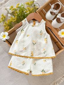 Cozy Pixies Baby Girl Floral Print Contrast Trim Sleeveless Top And Elastic Waist Shorts 2-Piece Set - Yellow - View 2