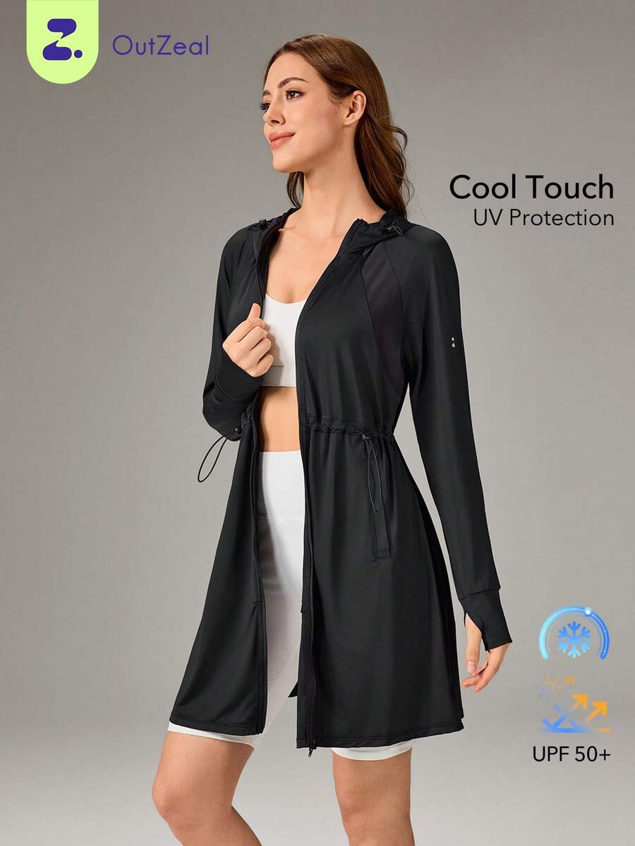 OutZeal Áo khoác nữ chống nắng, kiểu dáng thường ngày, chống tia UV, thoáng mát, nhanh khô, có mũ, dài, thích hợp mặc ngoài trời. - màu đen - Xem 1