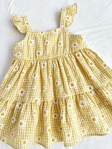 SHEIN Newborn Baby Girl Cute Summer Floral & Plaid Pattern Dress - Yellow - View 10