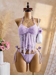 Bellisia 26SS Summer Holiday Beach Holiday Purple Lace Floral Trim Cute Sexy Sweet Bow Bikini Set, 2pcs - Mauve Purple - View 1
