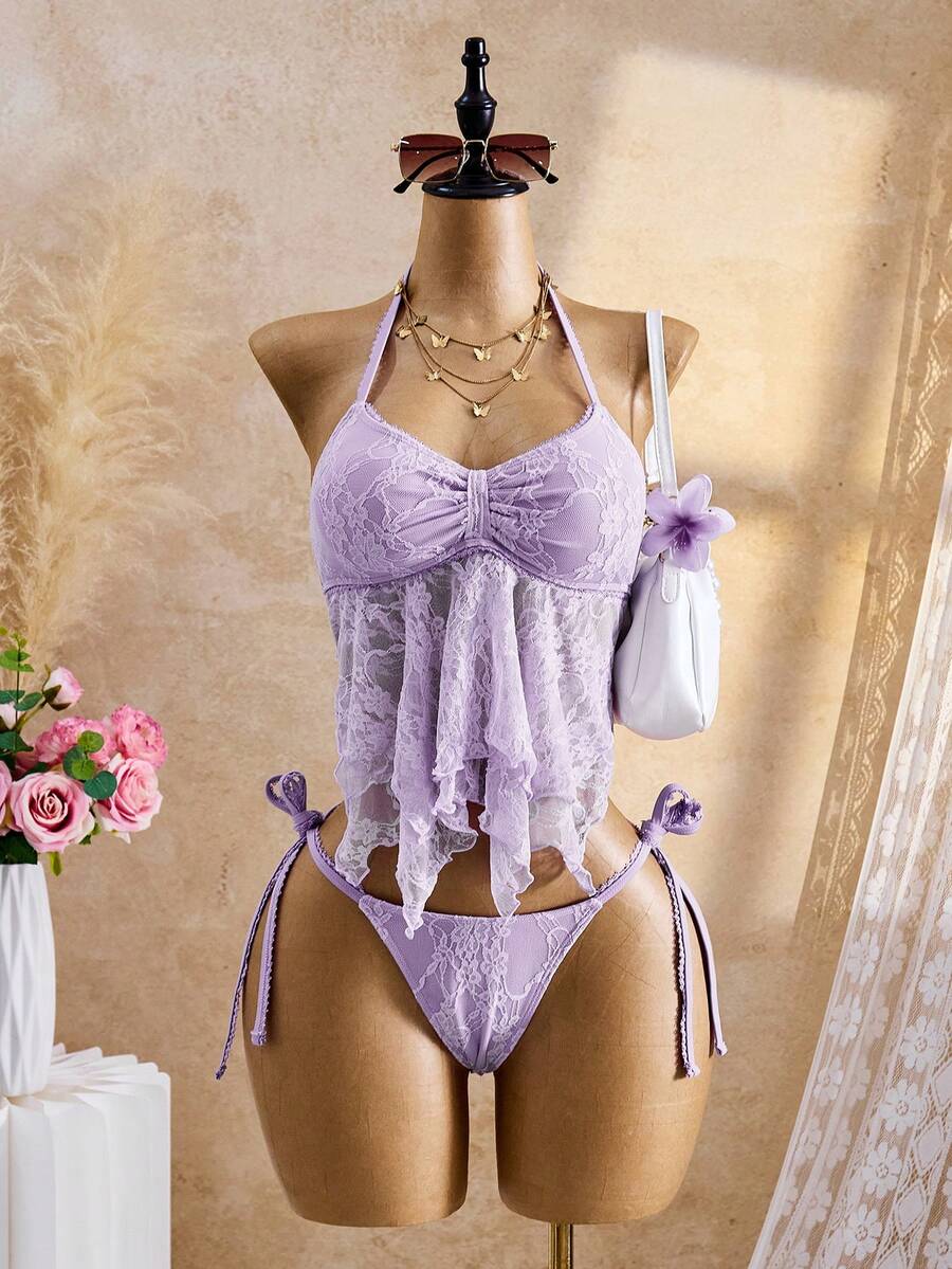 Bellisia 26SS Summer Holiday Beach Holiday Purple Lace Floral Trim Cute Sexy Sweet Bow Bikini Set, 2pcs - Mauve Purple - View 1