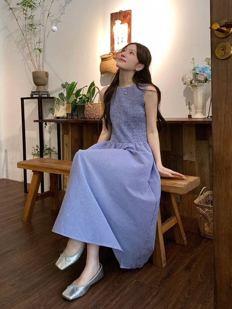 Women's Round Neck Casual Sleeveless Plaid Mid-Length Dress, Spring/Summer Korean Style Sun Dresses For Women