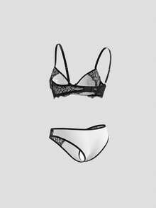 DAZY 2 piezas Conjunto de sujetador inalámbrico y panty con tirantes de espagueti ajustables y parches de encaje para mujeres - Negro - Ver 2