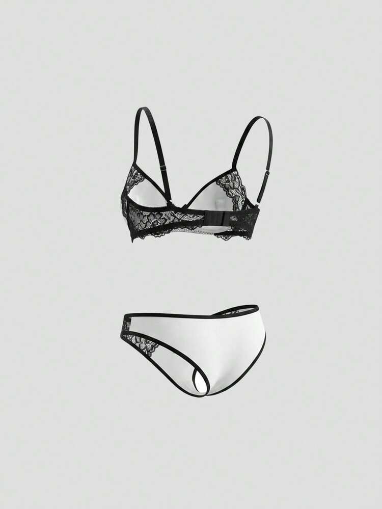 2pcs Lace Patchwork Adjustable Spaghetti Strap Wireless Bra And Panty Set For Women