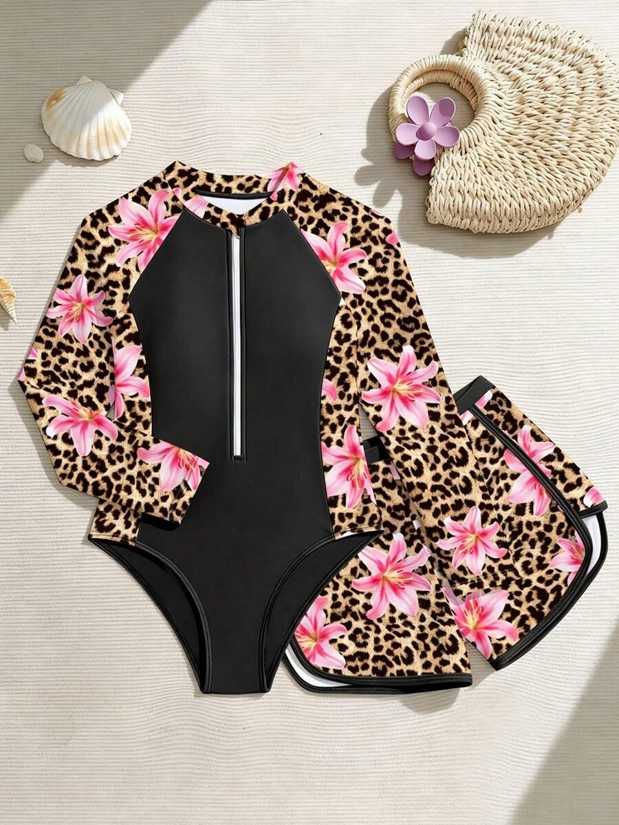 SHEIN 新款时尚少女泳衣,连体泳衣和短裤两件套,豹纹拼接可爱女童泳装套装 - 彩色 - 查看 1