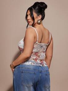 SHEIN BAE Plus Size Women's New Pink Lace Floral Fitted Sexy Elegant Party Camisole - Pink - View 3