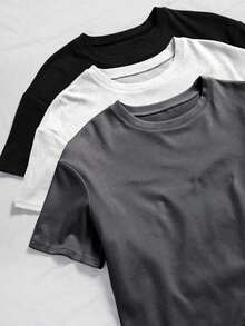 SHEIN 3件套纯色休闲T恤和抽绳腰带运动裤休闲套装 - 彩色 - 查看 3
