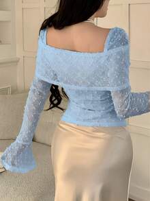 Feyla Elegant Ladies Sheer Dotted Mesh Square Neck Top With Drawstring Detail - Baby Blue - View 4